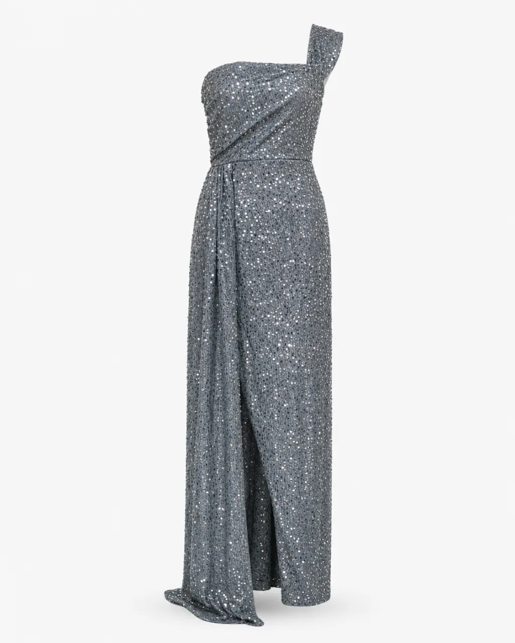 One-Shoulder Sequin Draped Gown