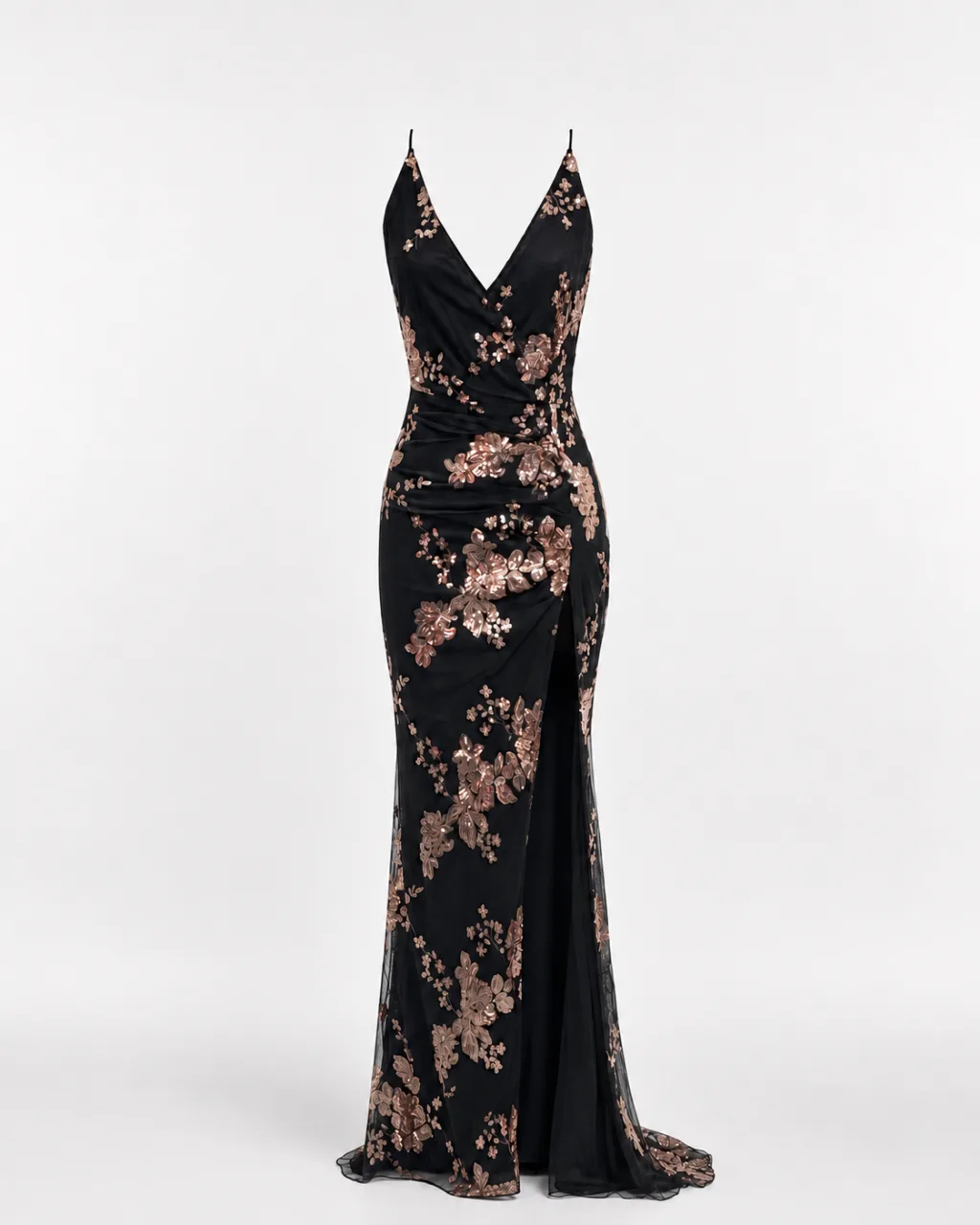 Sequin Floral Halter Slit Gown