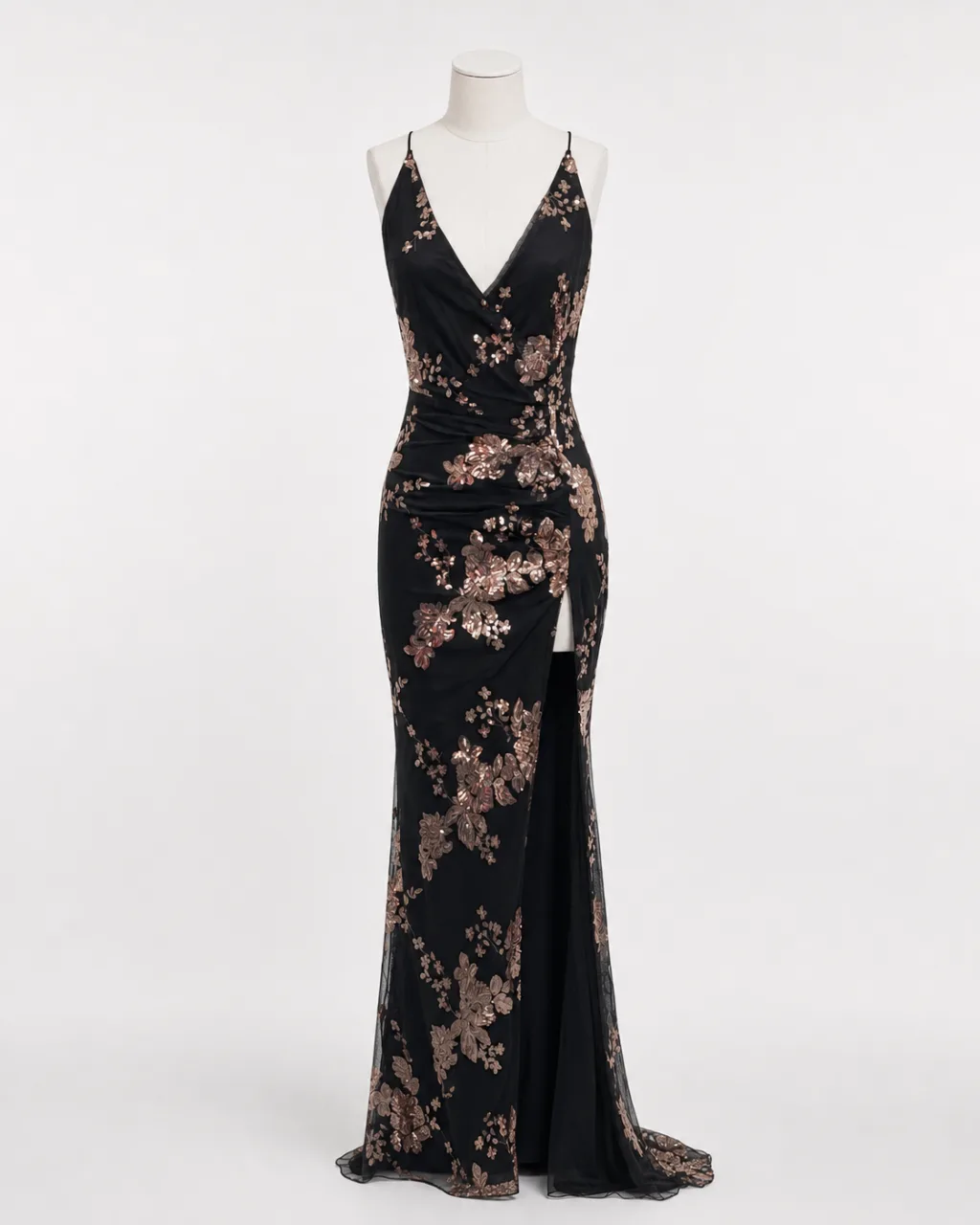 Sequin Floral Halter Slit Gown