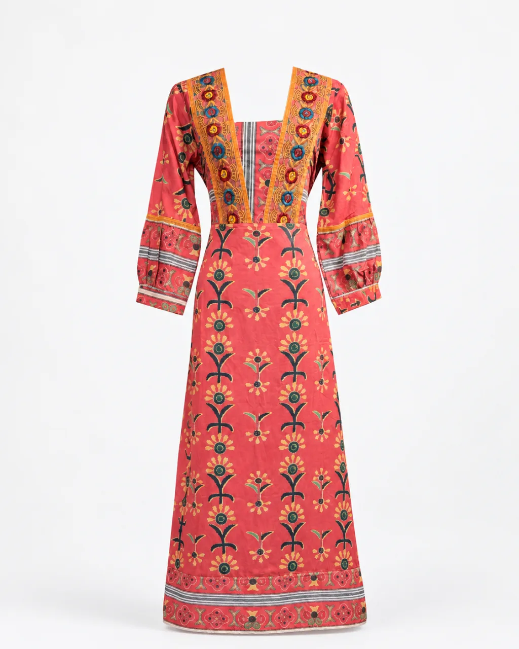 Floral Block Print V-Neck Midi Dress