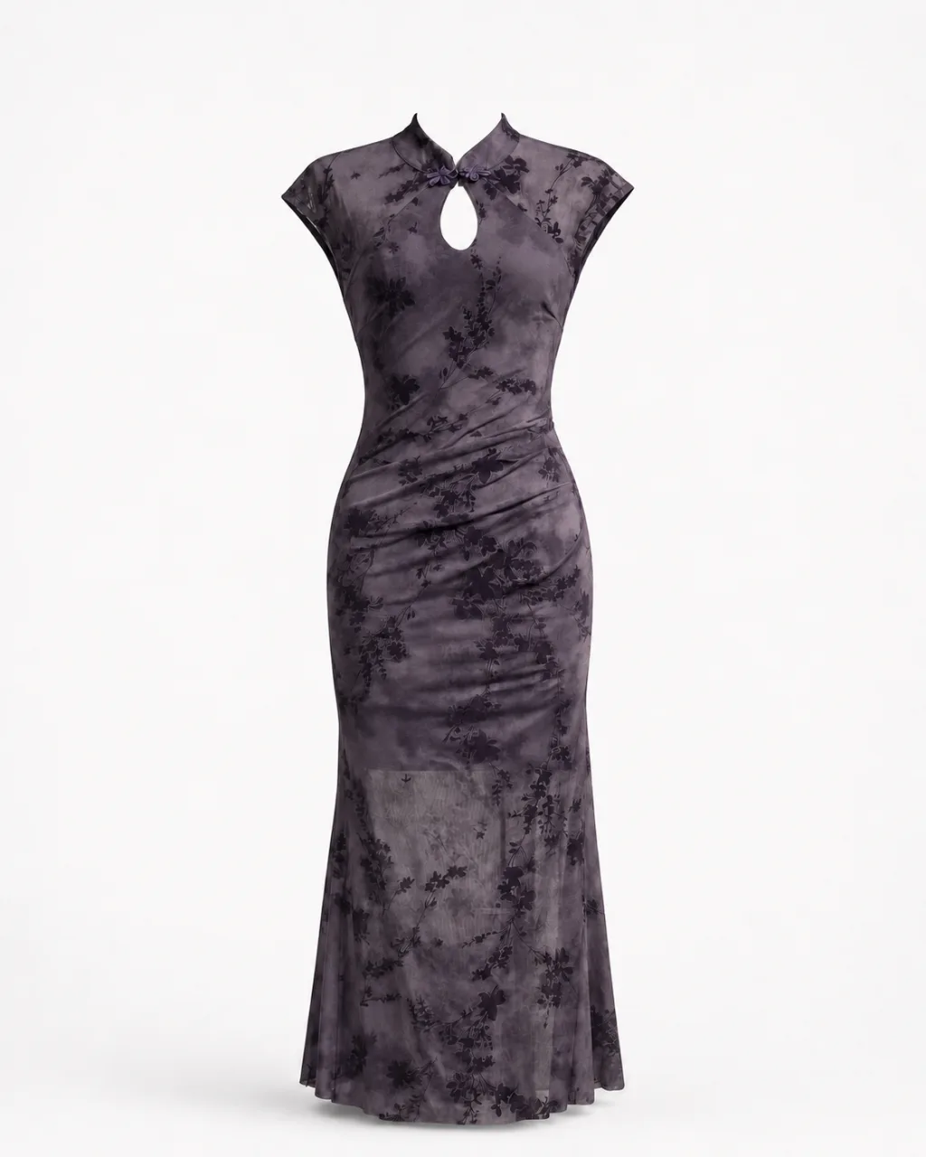Floral Cheongsam Mesh Midi Dress