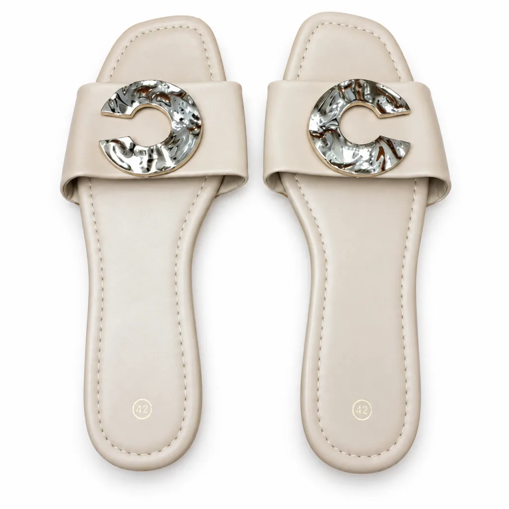 Crystal-Style Buckle Flat Slide Sandals