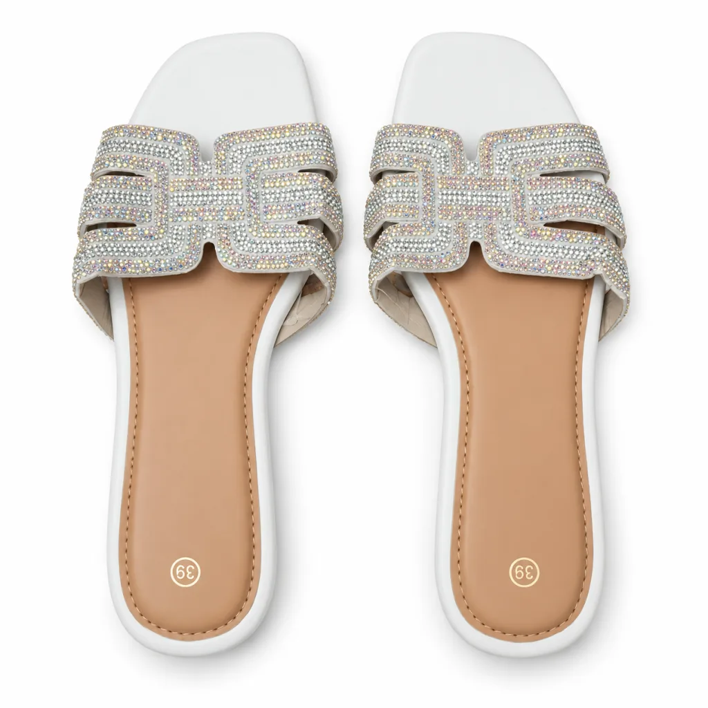 Geometric Rhinestone Strap Slide Sandals