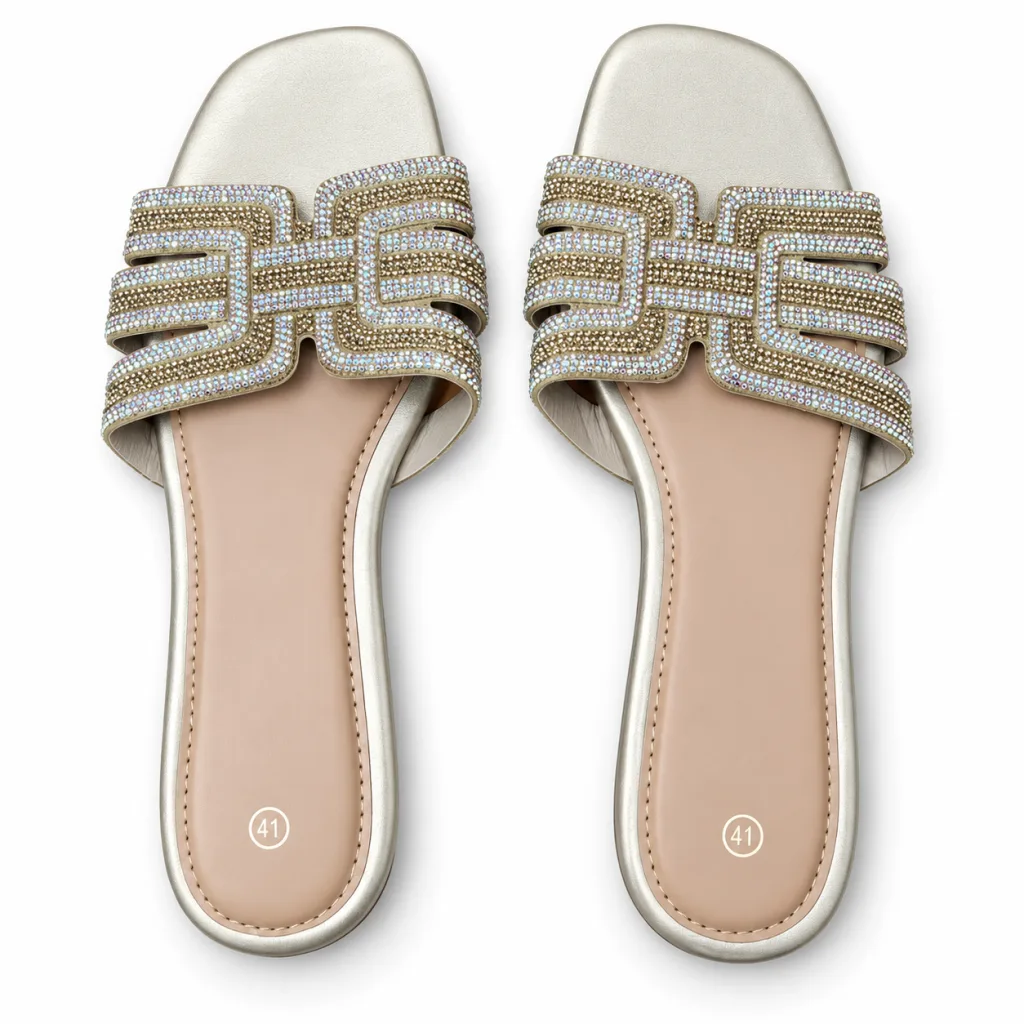 Geometric Rhinestone Strap Slide Sandals