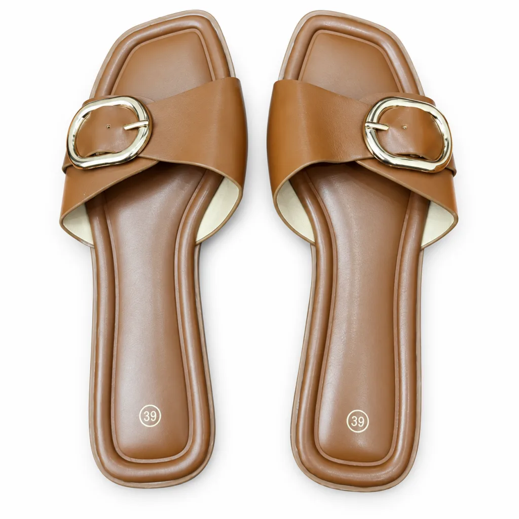 Oval-Buckle Cross-Strap Flat Slides