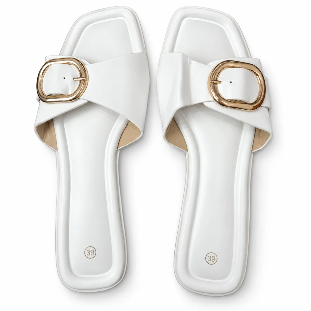 Oval-Buckle Cross-Strap Flat Slides