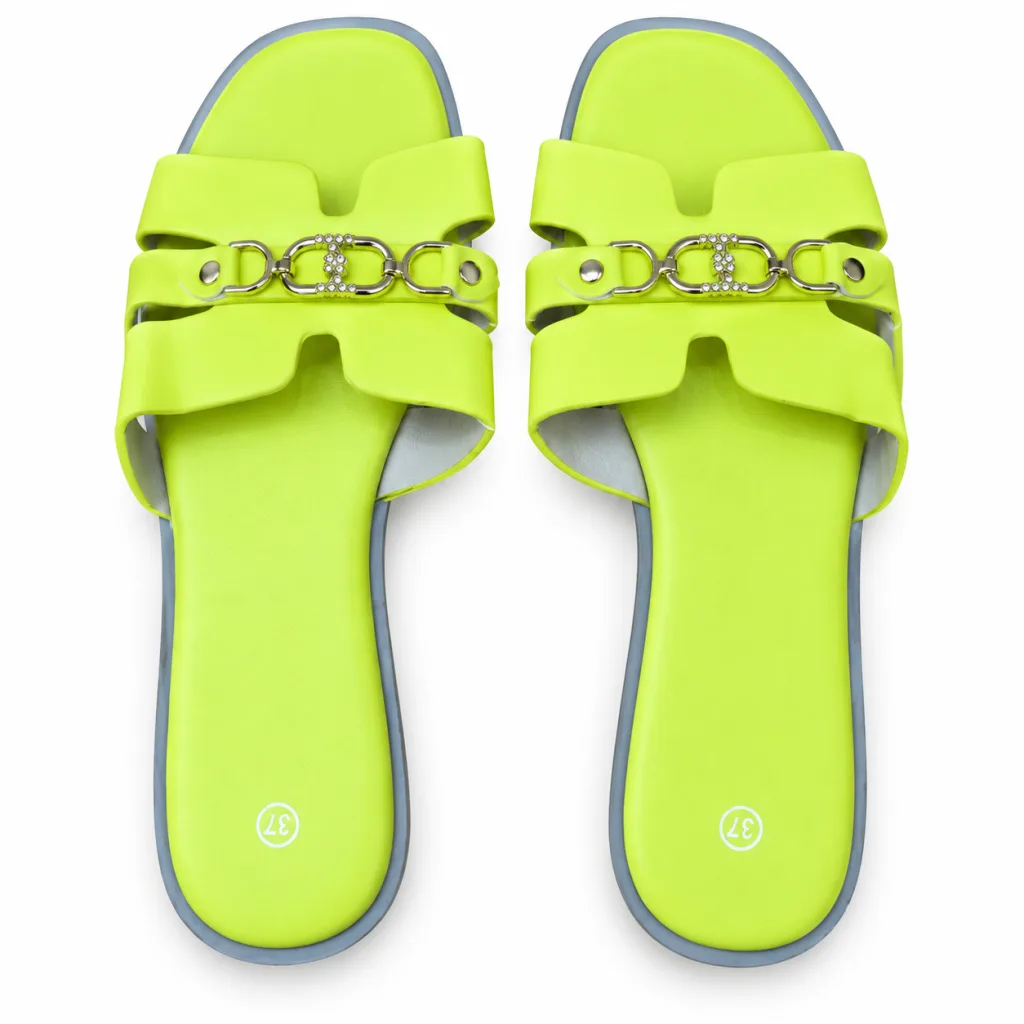 Chain-Detail Cross-Strap Flat Slides
