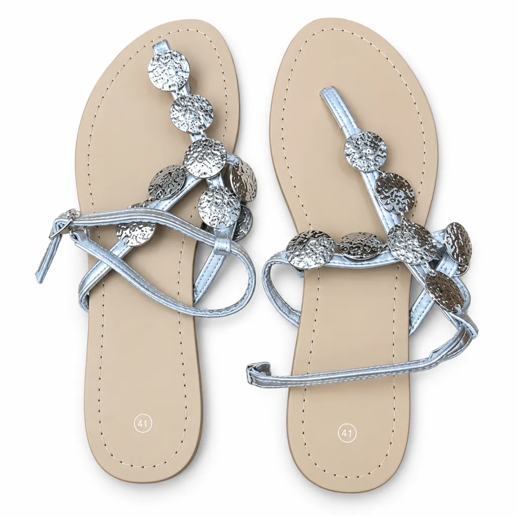 Jewel-Detail T-Strap Flat Sandals