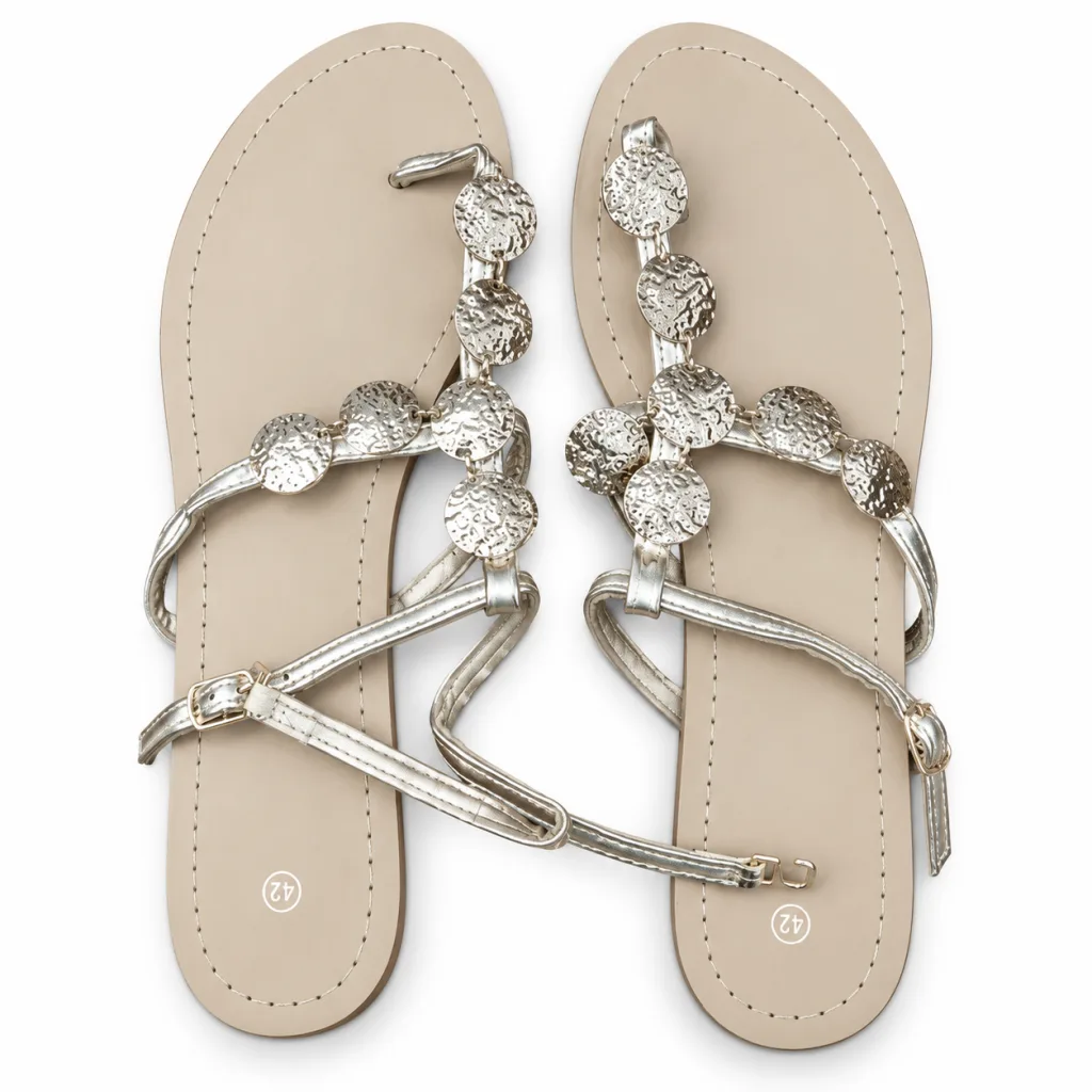 Jewel-Detail T-Strap Flat Sandals
