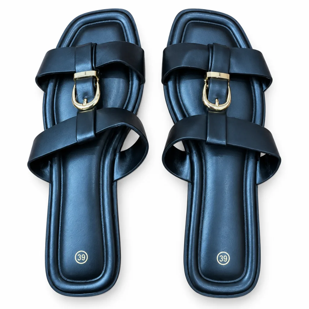 Double-Buckle Cross-Strap Flat Slides