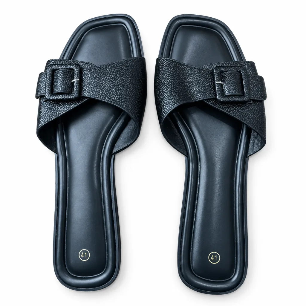 Square-Buckle Cross-Strap Flat Slides