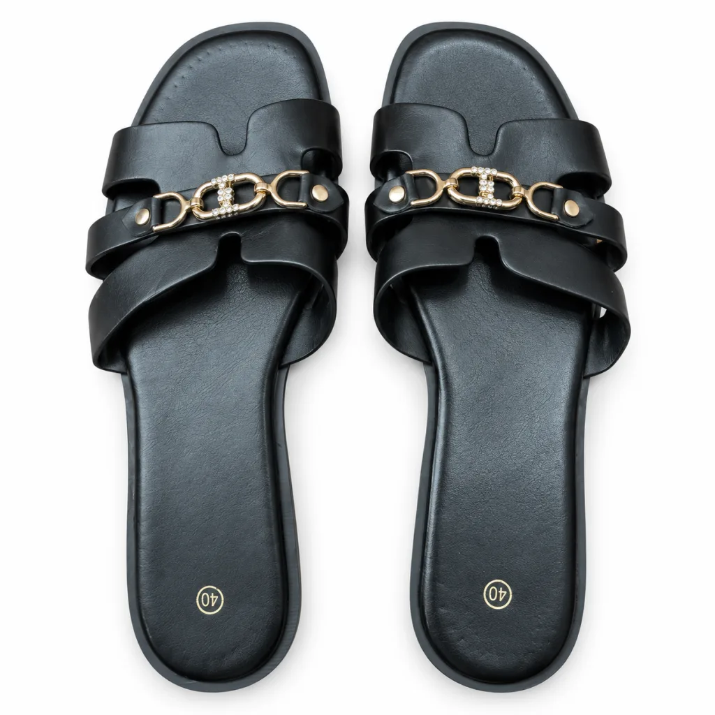Chain-Detail Cross-Strap Flat Slides