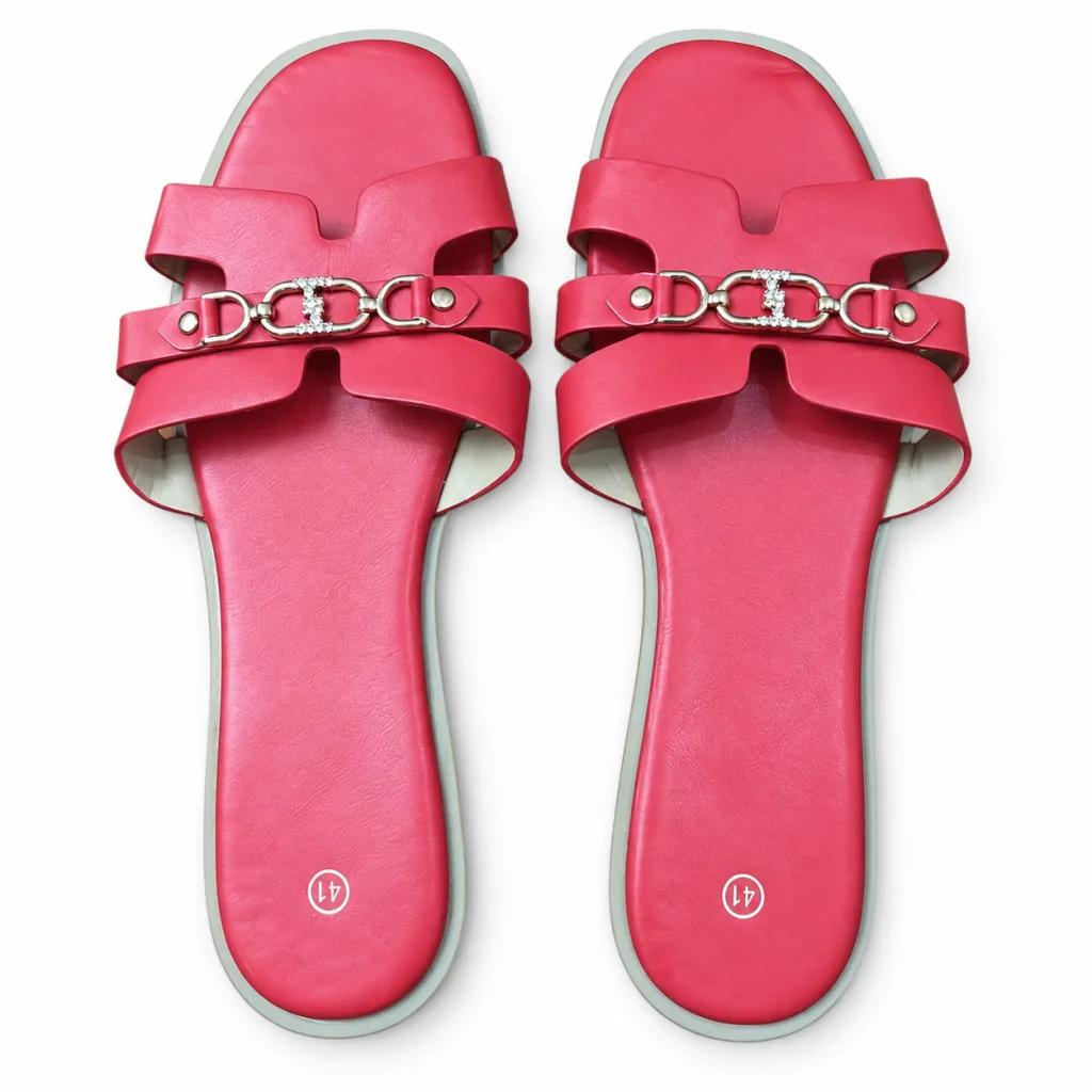 Chain-Detail Cross-Strap Flat Slides