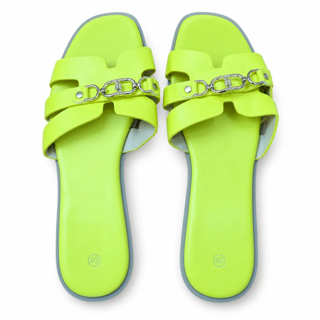 Chain-Detail Cross-Strap Flat Slides