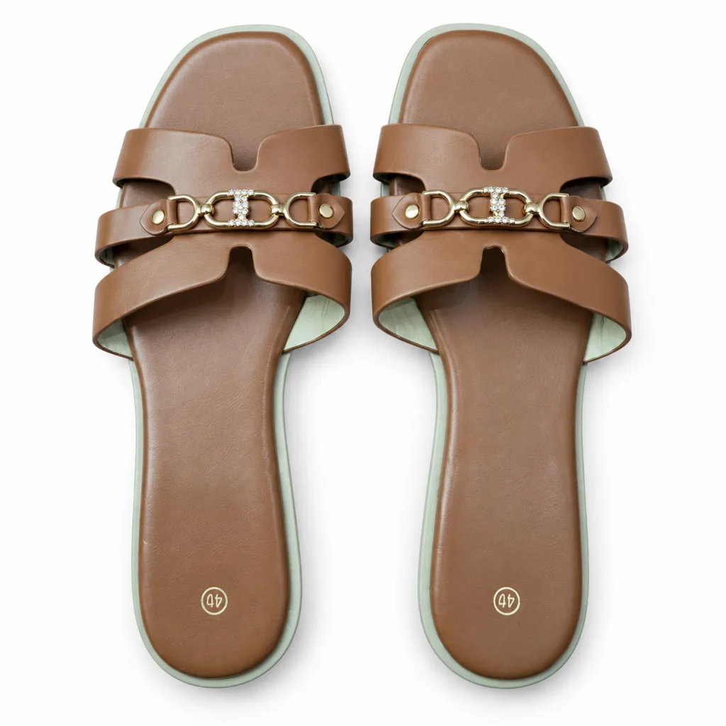 Chain-Detail Cross-Strap Flat Slides