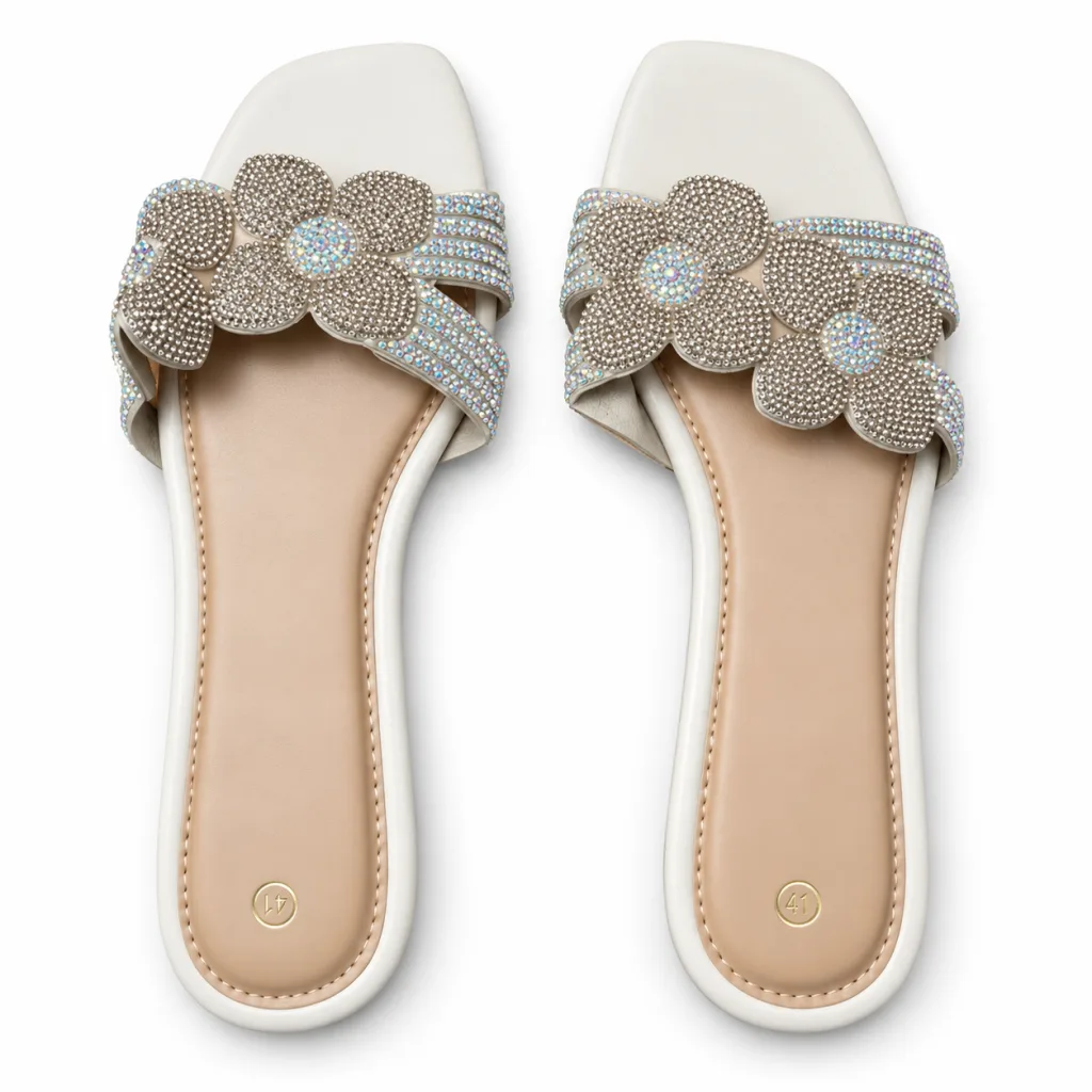 Floral Rhinestone Flat Slide Sandals