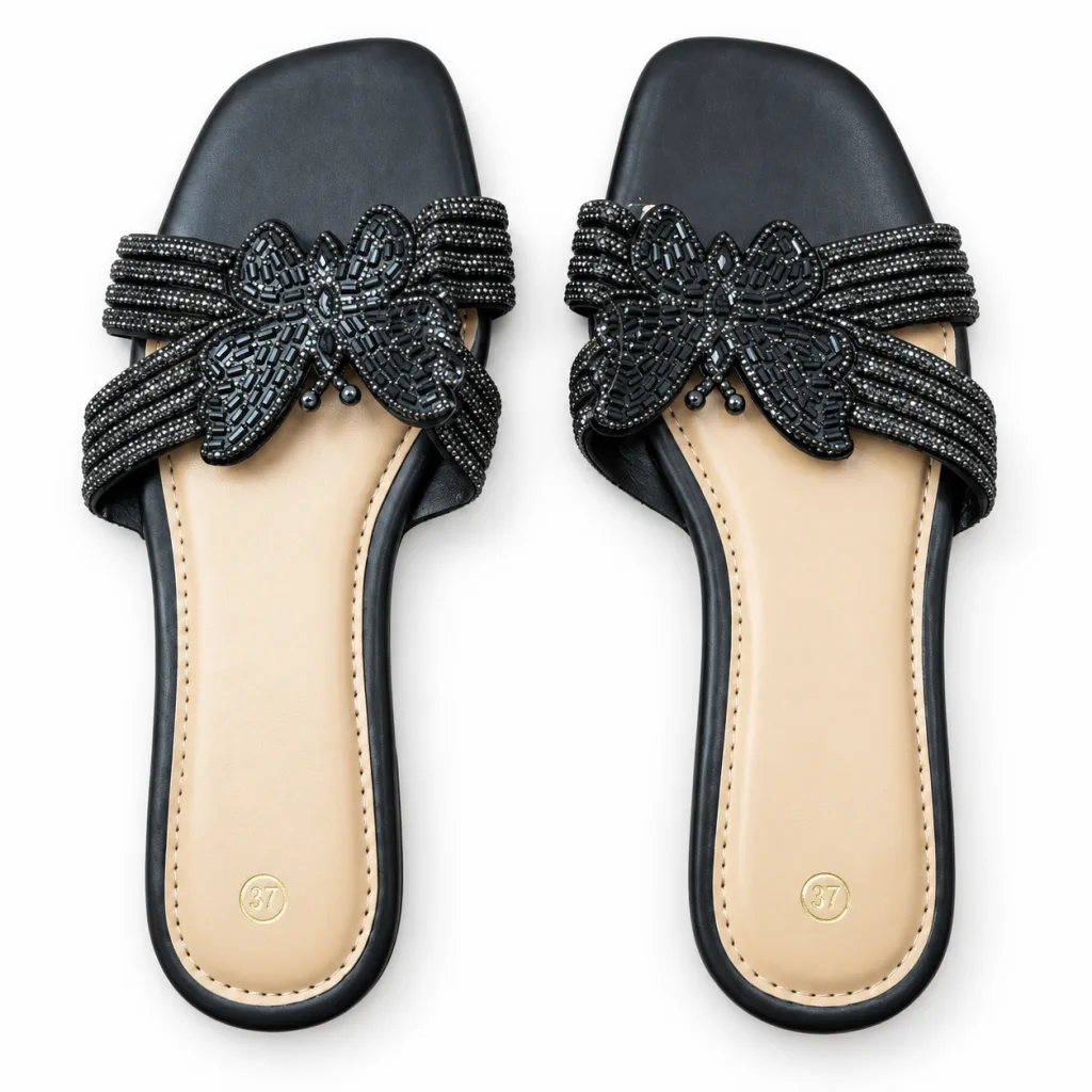 Rhinestone Bow Flat Slide Sandals