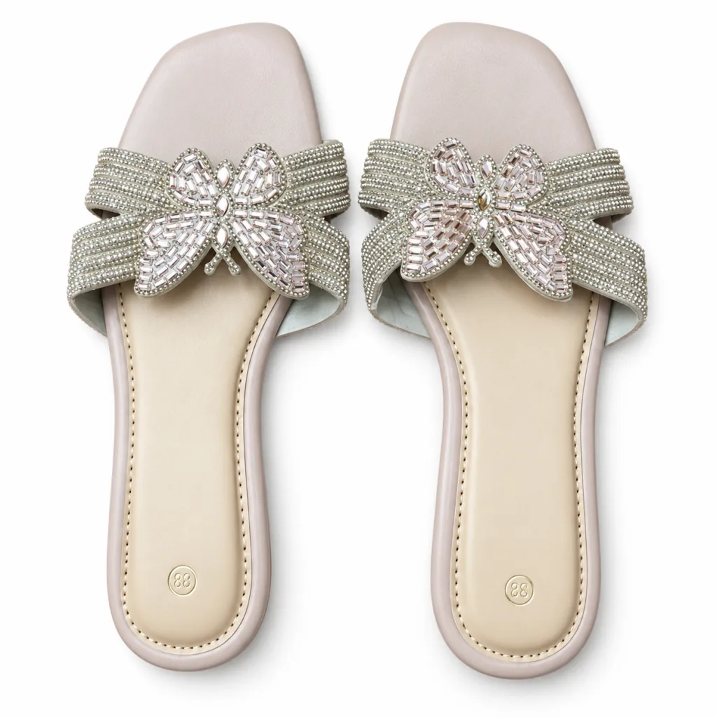 Rhinestone Bow Flat Slide Sandals