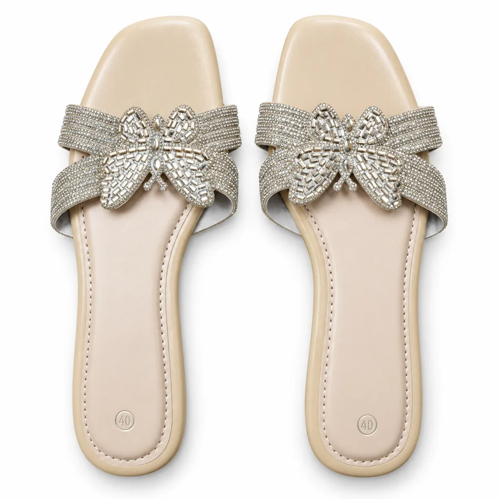 Rhinestone Bow Flat Slide Sandals
