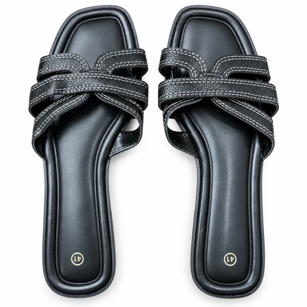 Layered Cross-Strap Square-Toe Slides