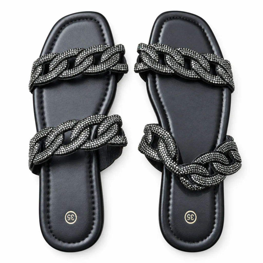 Rhinestone Chain-Link Double-Strap Slides