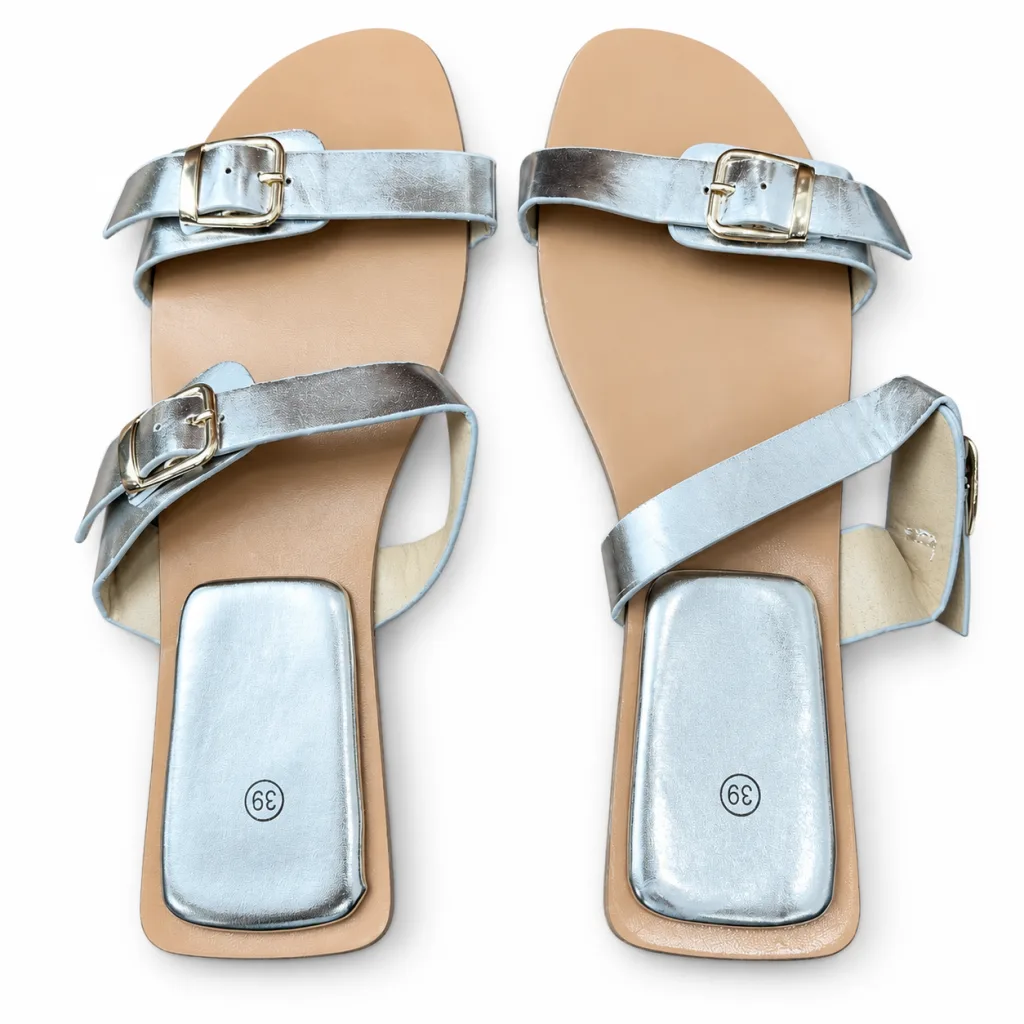 Metallic Double-Buckle Flat Slides