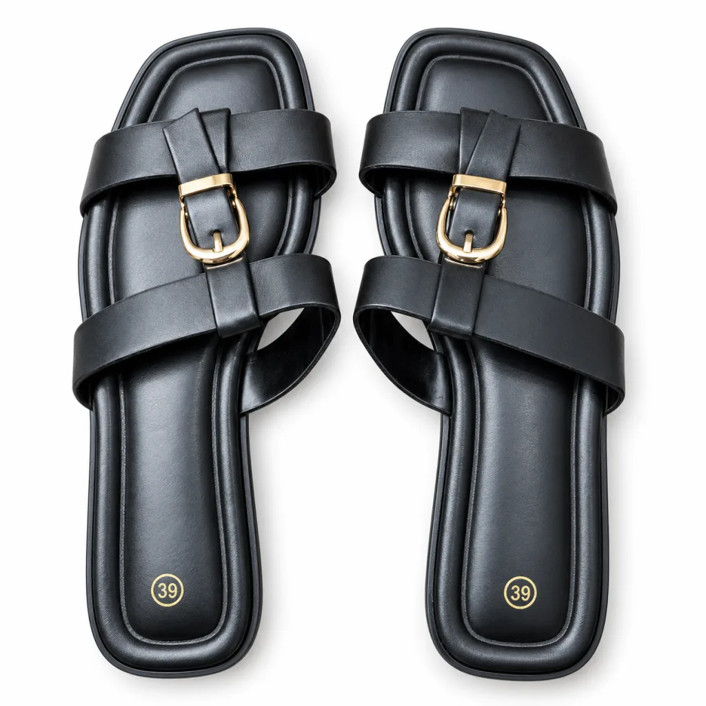 Double-Buckle Cross-Strap Flat Slides