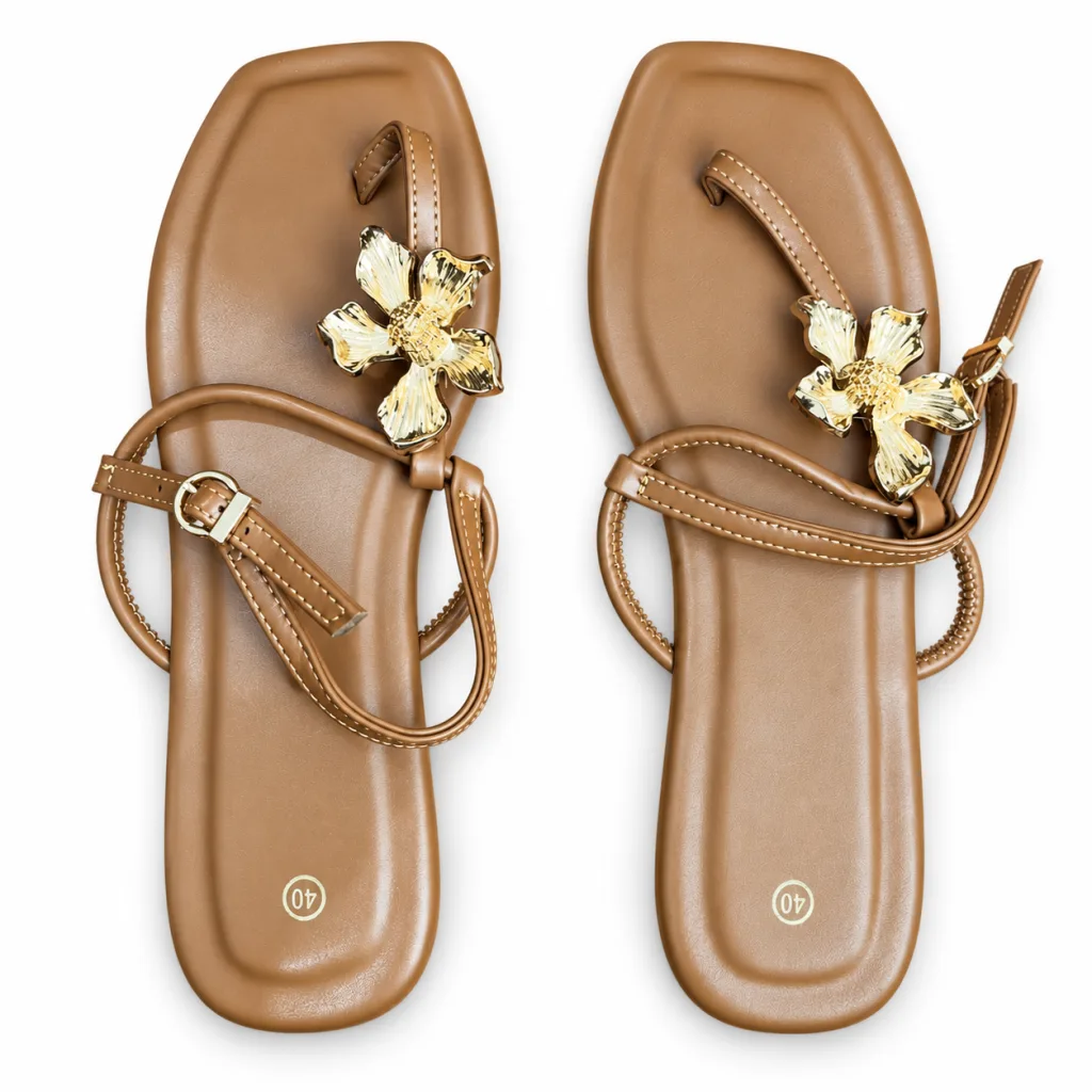 Flower-Ornament T-Strap Flat Sandals