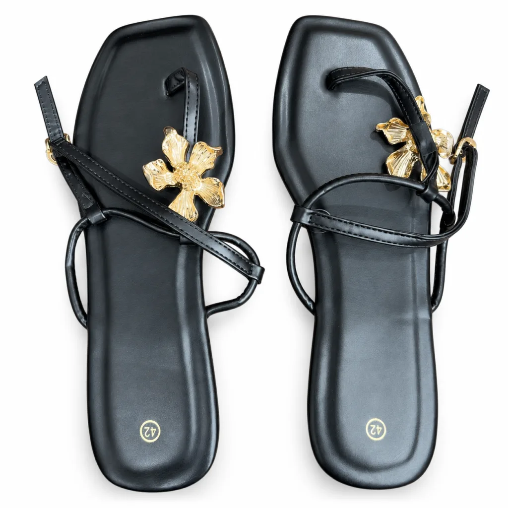 Flower-Ornament T-Strap Flat Sandals