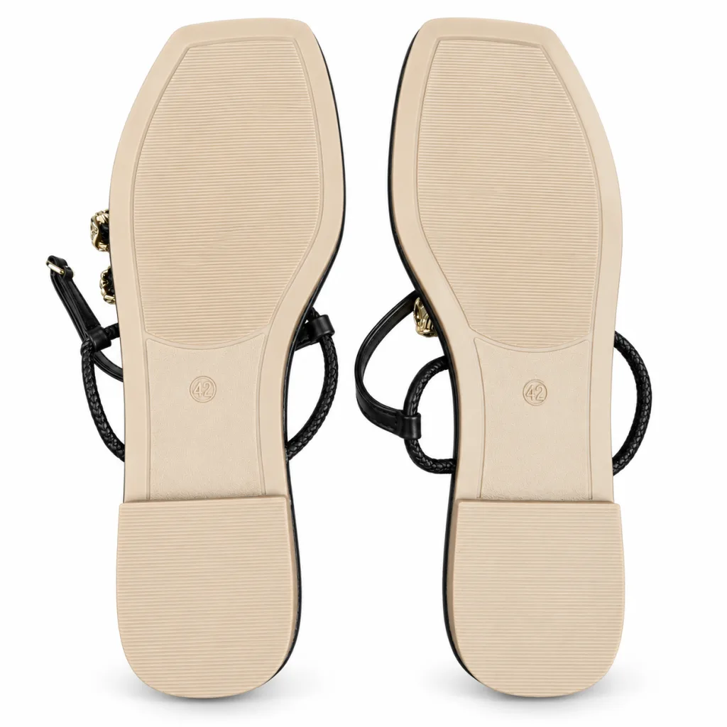 Flower-Ornament T-Strap Flat Sandals