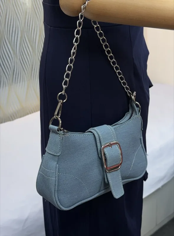 Denim Chain Buckle Bag