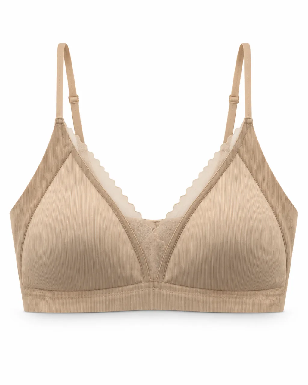 Ribbed Triangle Bra with Scalloped Mesh Trim