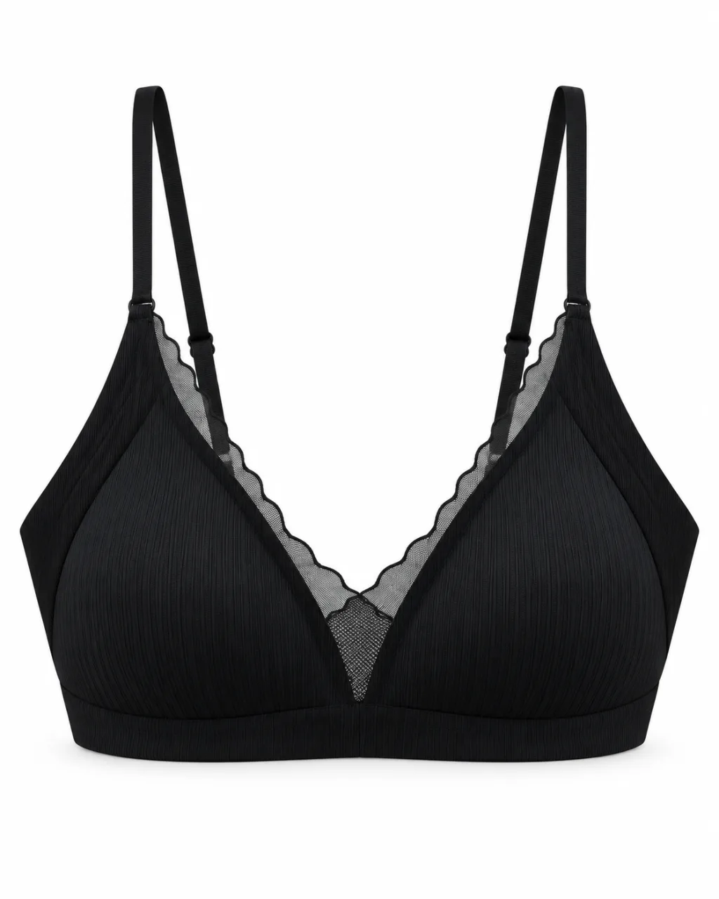 Ribbed Triangle Bra with Scalloped Mesh Trim