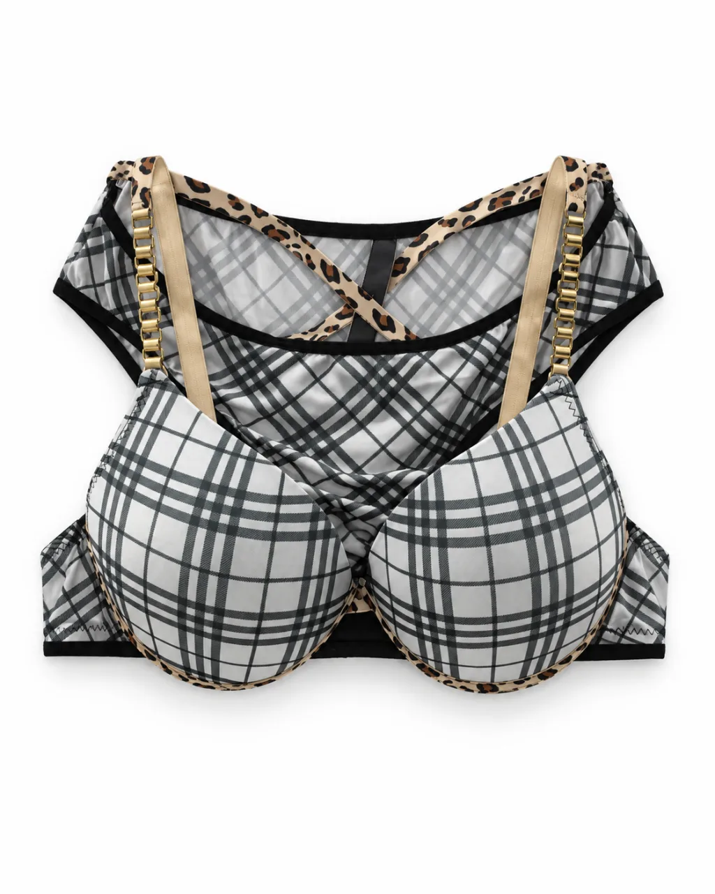 Women's Plaid Bra and Panty Set with Leopard Trim