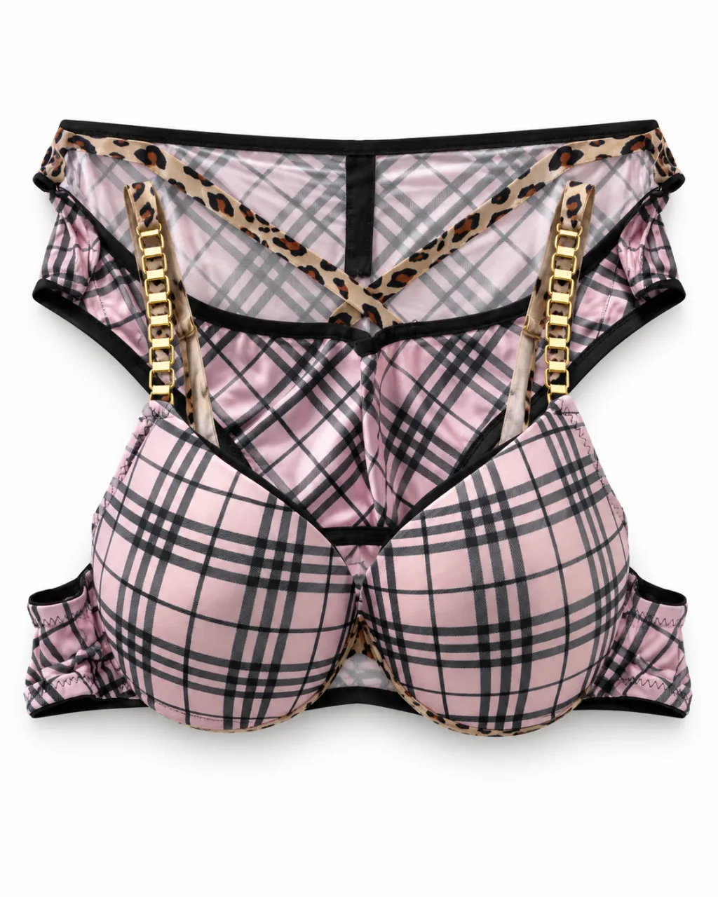 Women's Plaid Bra and Panty Set with Leopard Trim