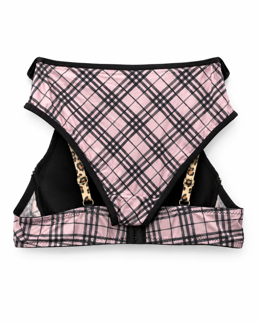 Women's Plaid Bra and Panty Set with Leopard Trim