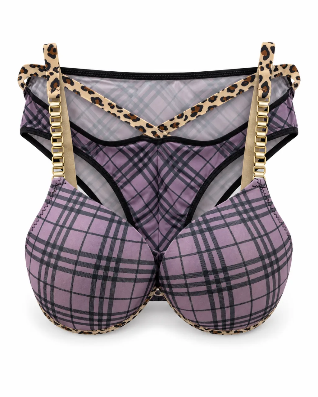 Women's Plaid Bra and Panty Set with Leopard Trim