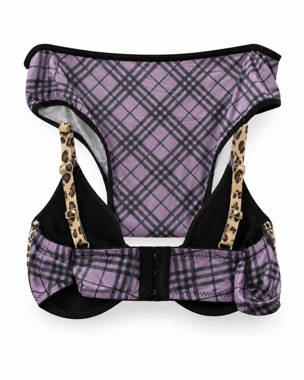 Women's Plaid Bra and Panty Set with Leopard Trim