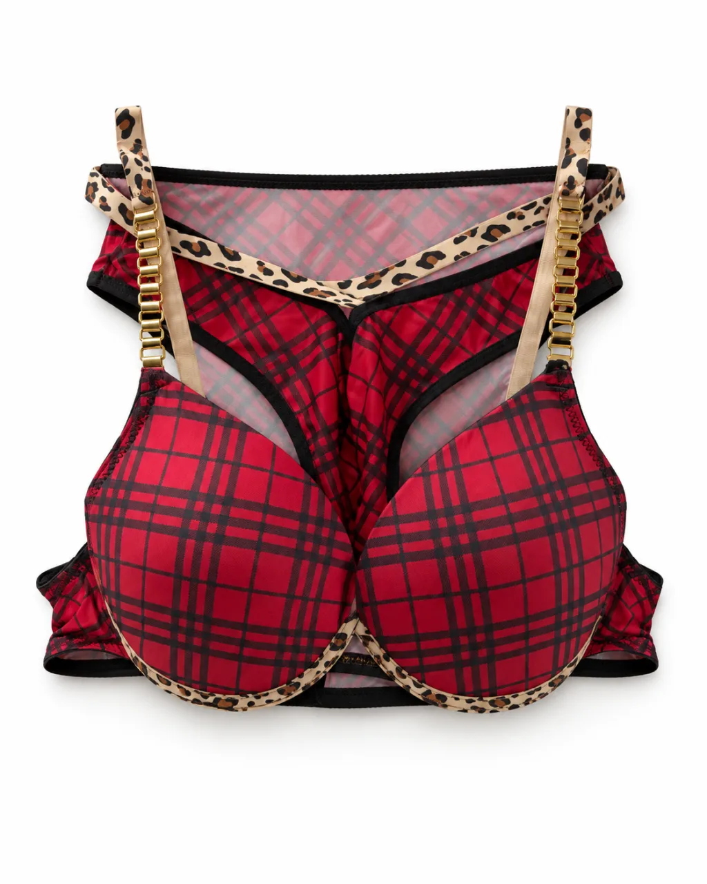 Women's Plaid Bra and Panty Set with Leopard Trim