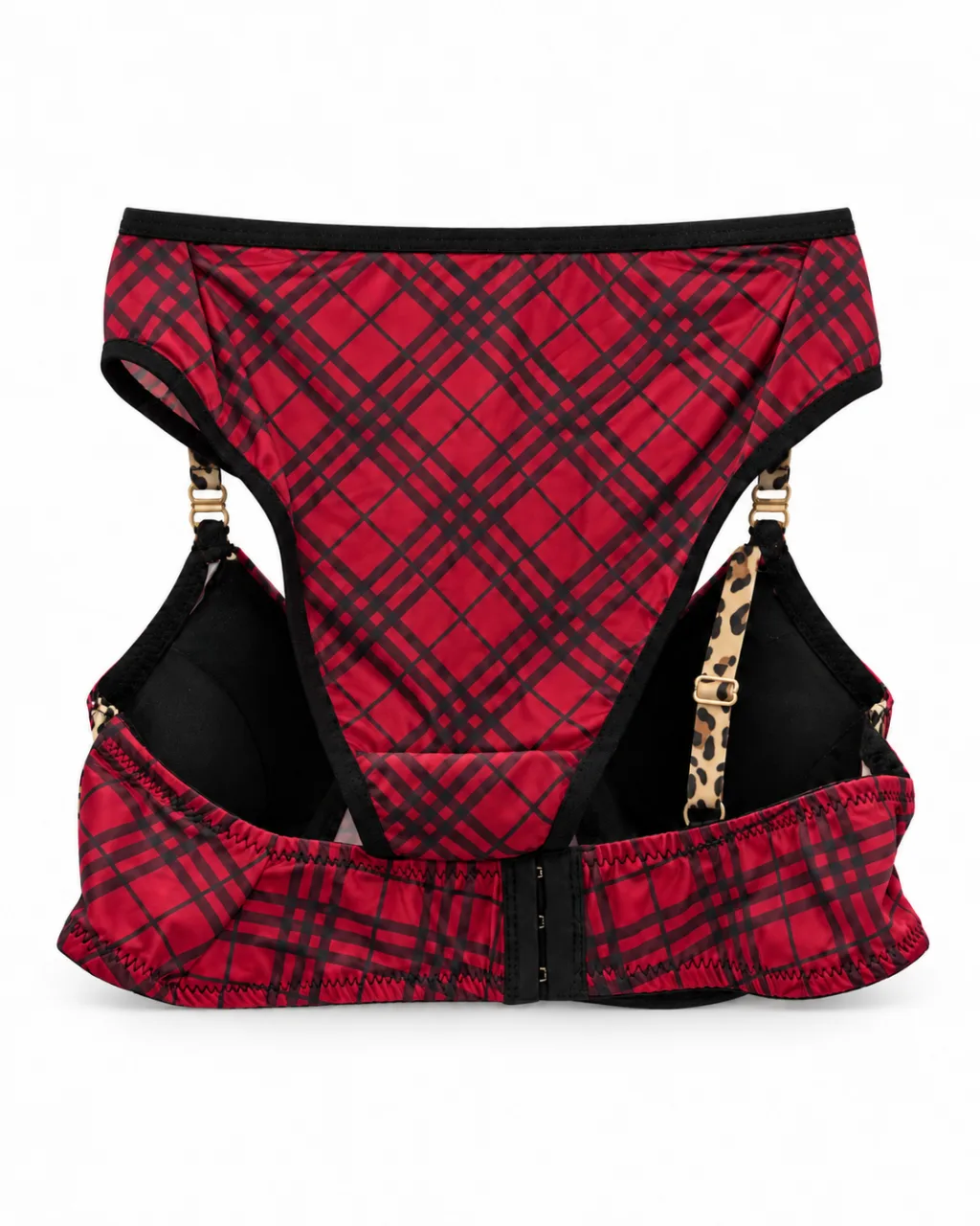 Women's Plaid Bra and Panty Set with Leopard Trim
