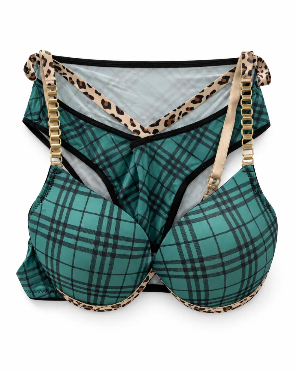 Women's Plaid Bra and Panty Set with Leopard Trim