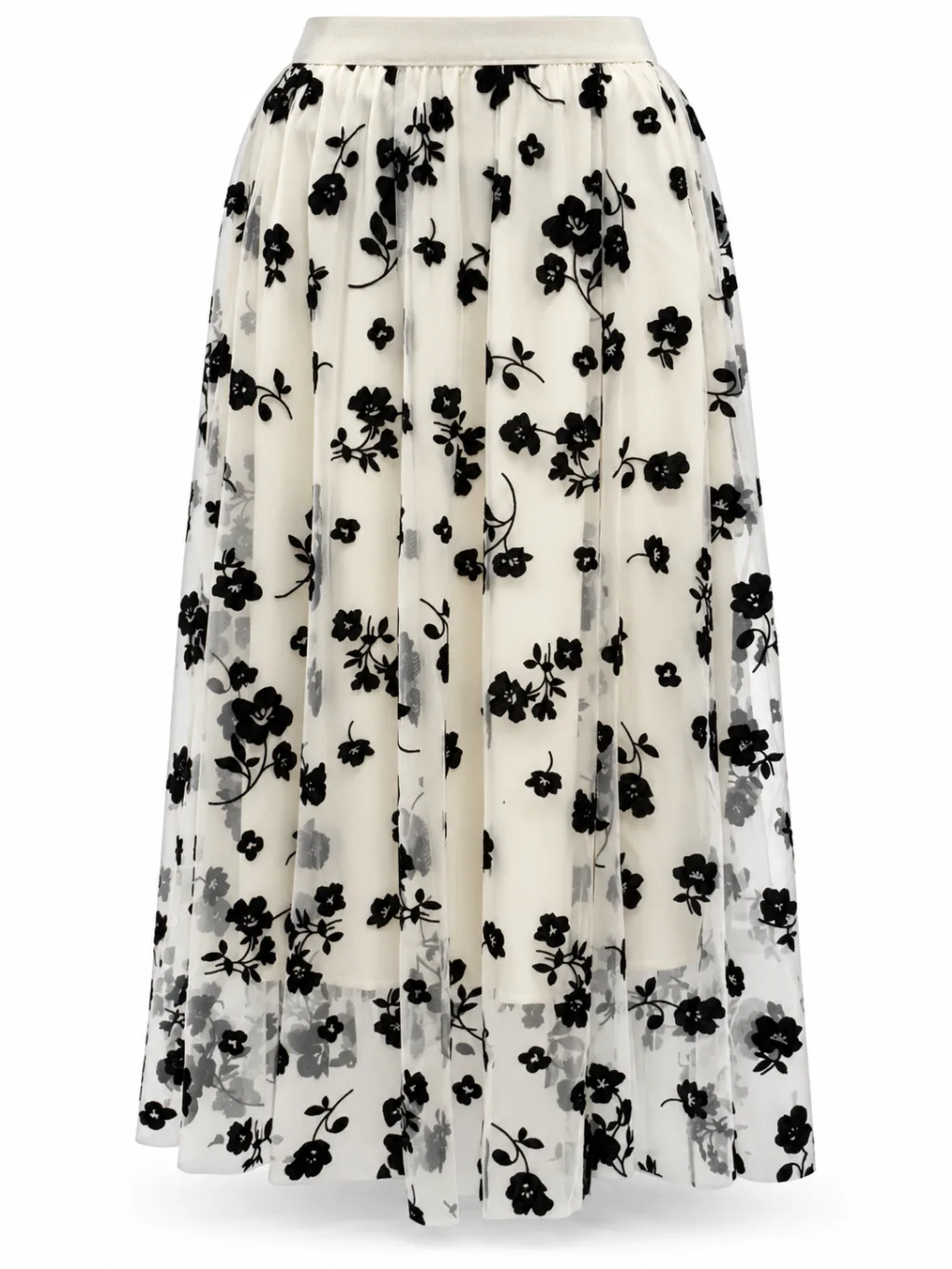 Floral Flocked Mesh Midi Skirt