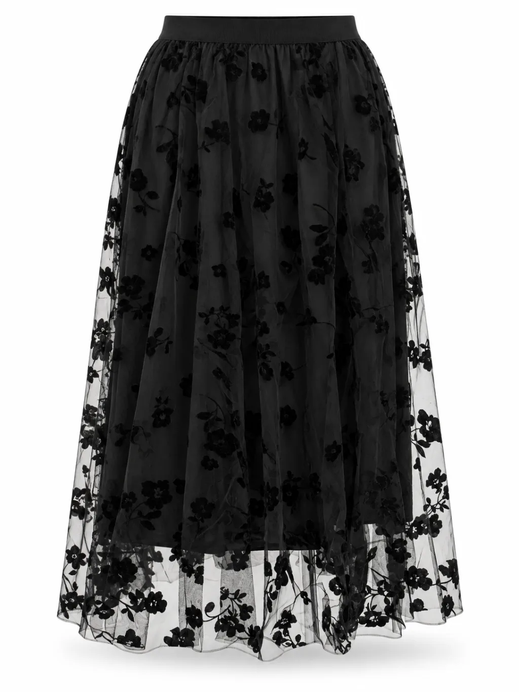Floral Flocked Mesh Midi Skirt