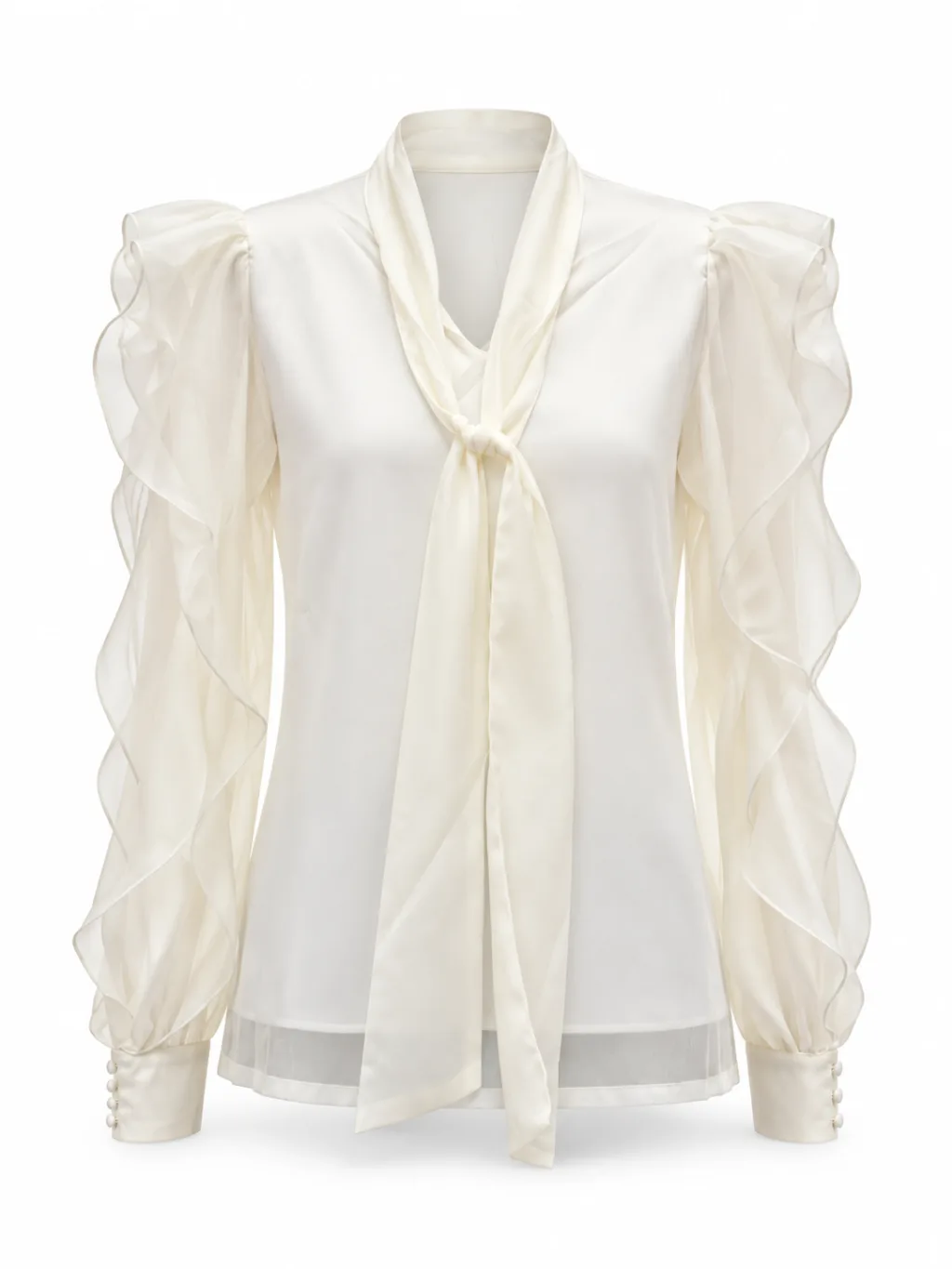 Tie-Neck Ruffle-Sleeve Blouse