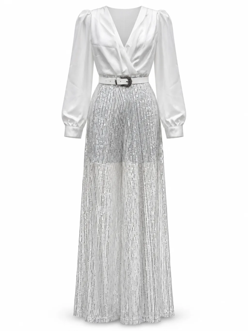 Belted Satin & Sequin Maxi Dress