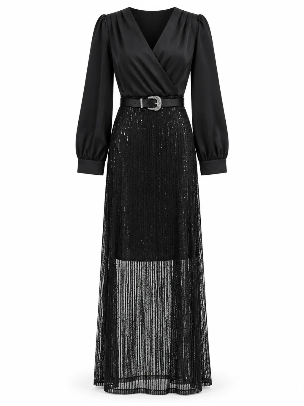 Belted Satin & Sequin Maxi Dress