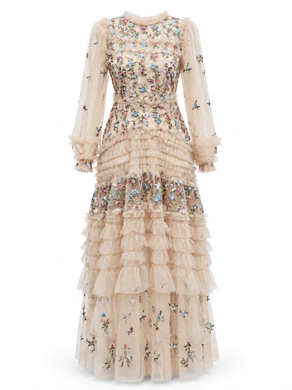 Floral Embroidered Tiered Tulle Dress
