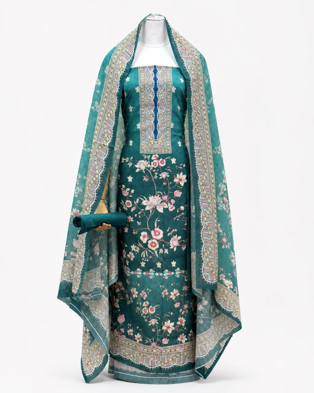 Zam Zam Teal Floral Scallop Dupatta