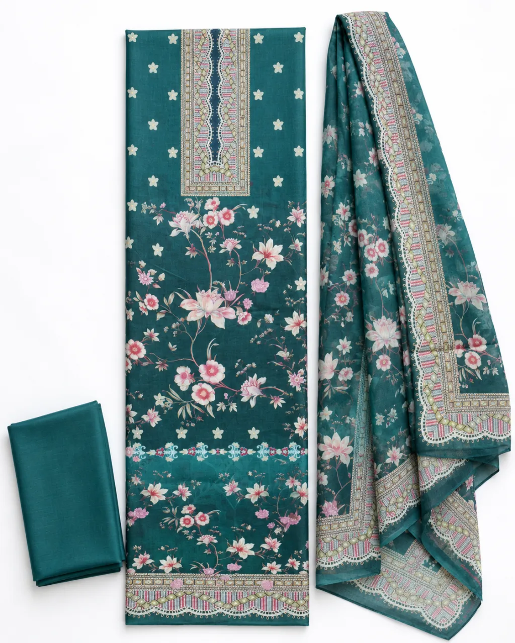 Zam Zam Teal Floral Scallop Dupatta