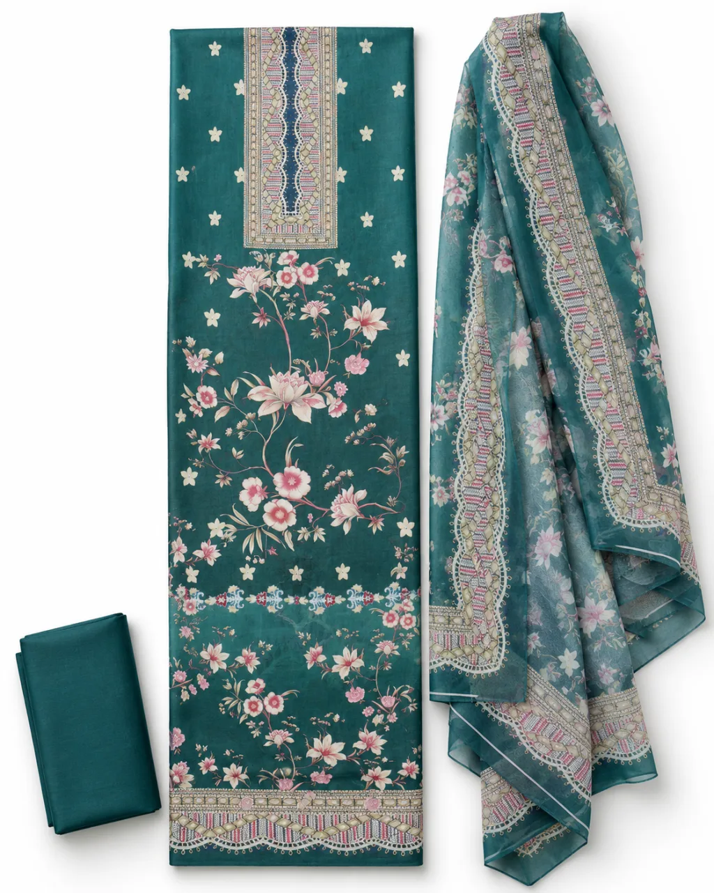 Zam Zam Teal Floral Scallop Dupatta